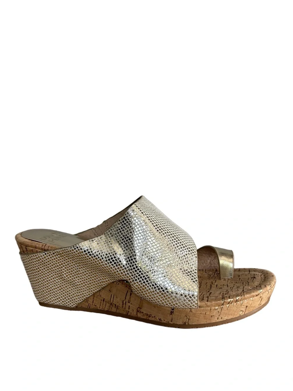 Donald Pliner Gemmy Gold Metallic Lizard Suede Cork Wedge Sandals size 8.5